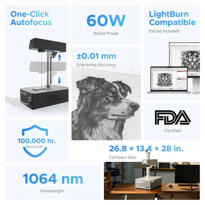 OMTech MOPA 20W / 30W / 60W Autofocus Fiber Laser Marking Machine