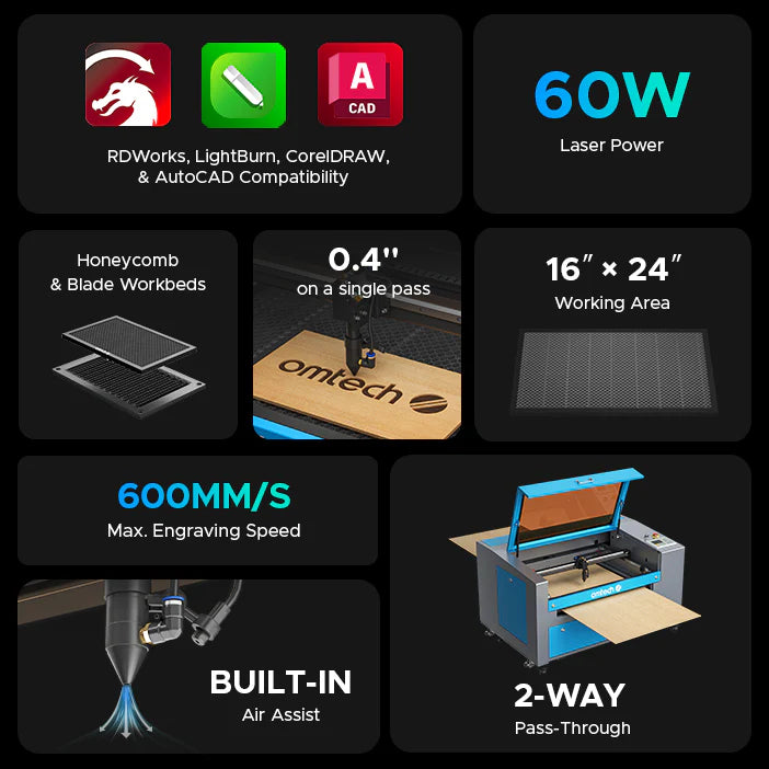 OMTech Maker MF1624-60 60W CO₂ Laser Engraver & Cutter