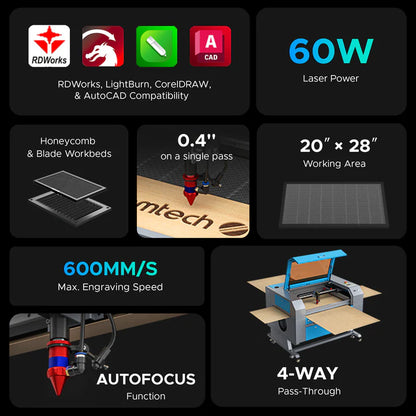 OMTech Maker AF2028-60 60W CO₂ Laser Cutter & Engraver with Autofocus